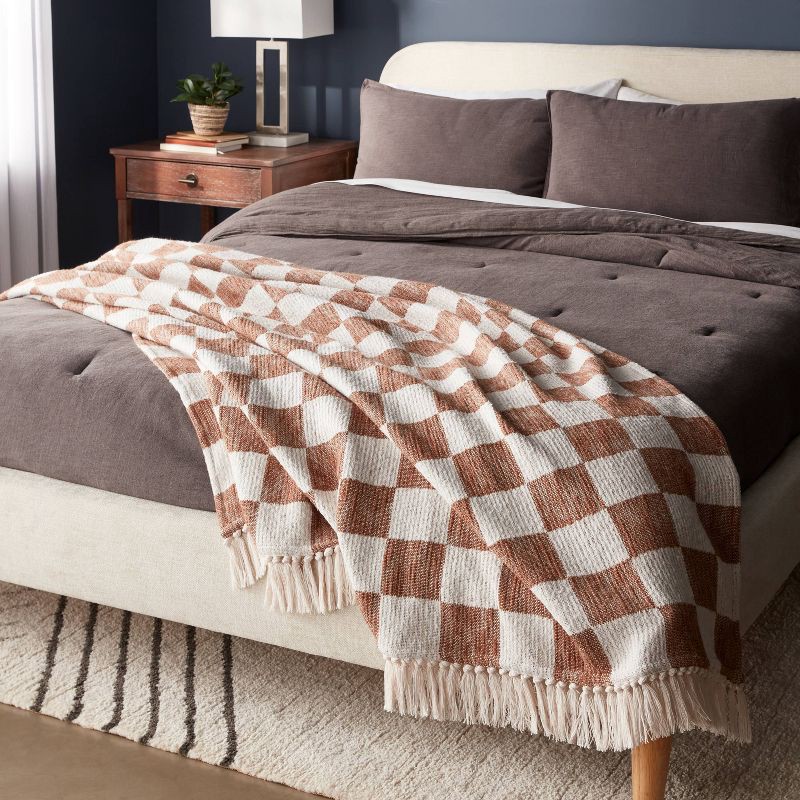 slide 2 of 3, 60"x80" Woven Cotton Checkered Bed Throw Brown - Threshold™, 1 ct