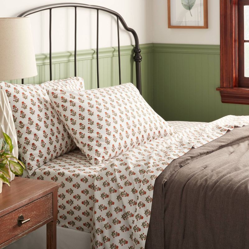 slide 2 of 4, Queen 250 Thread Count Organic Percale Sheet Set Mum Flower - Threshold™: GOTS Certified, Teen & All Ages, 4-Piece, 1 ct