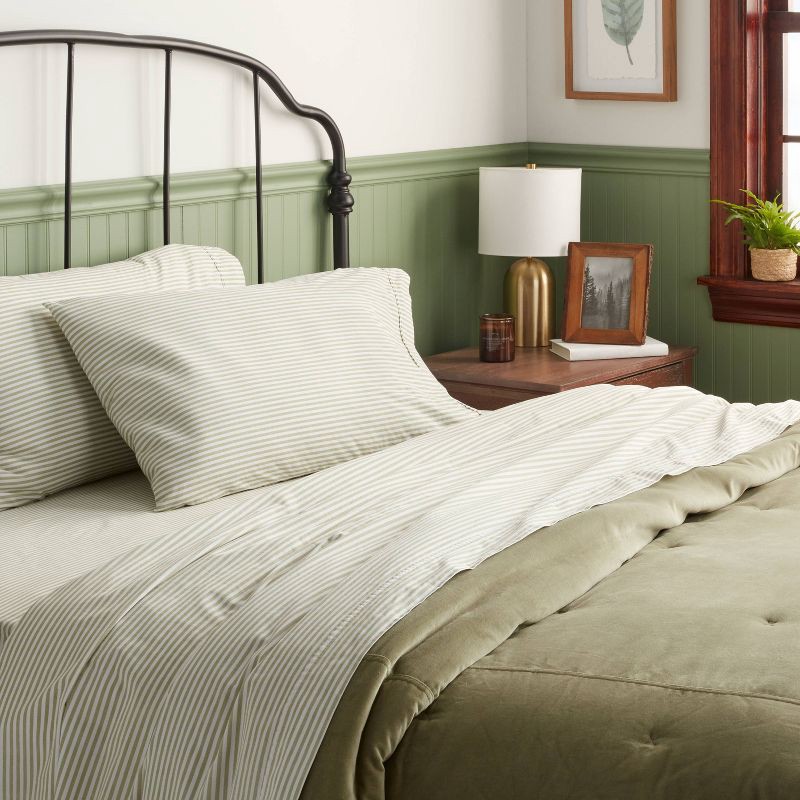 slide 2 of 4, Queen 250 Thread Count Organic Percale Sheet Set Sage Green Stripe - Threshold™: GOTS & OEKO-TEX Certified, Includes 4pc, 4 ct