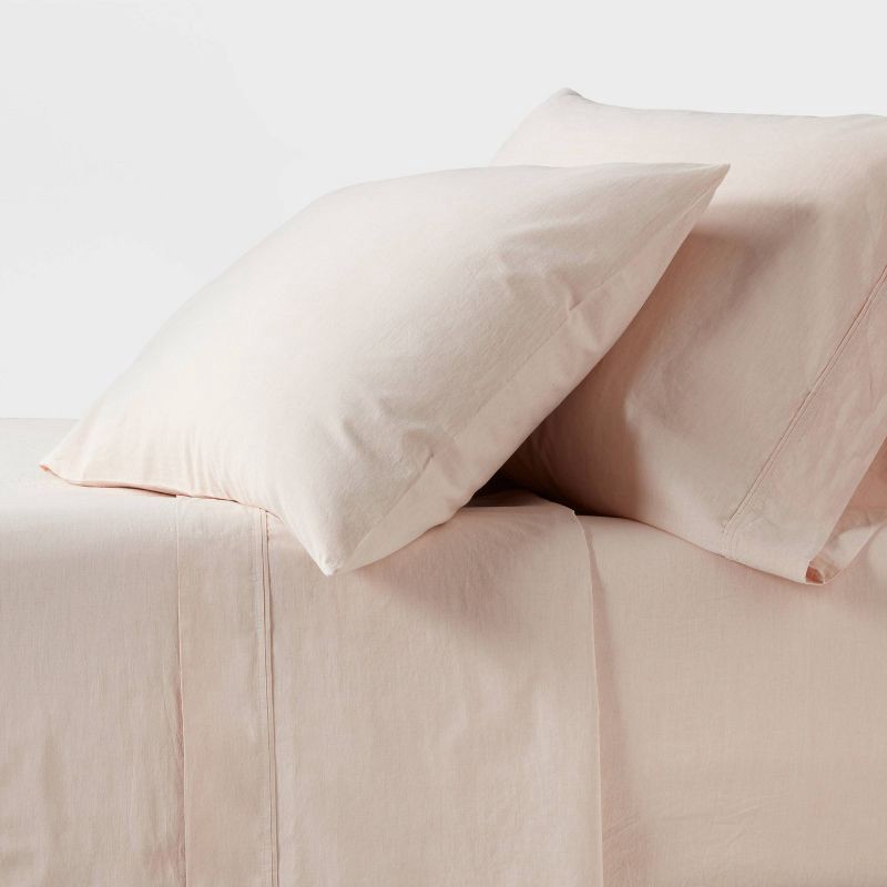 slide 1 of 4, Queen 250 Thread Count Organic Percale Sheet Set Peach Chambray - Threshold™: GOTS & OEKO-TEX Certified, Includes 4pc, 4 ct