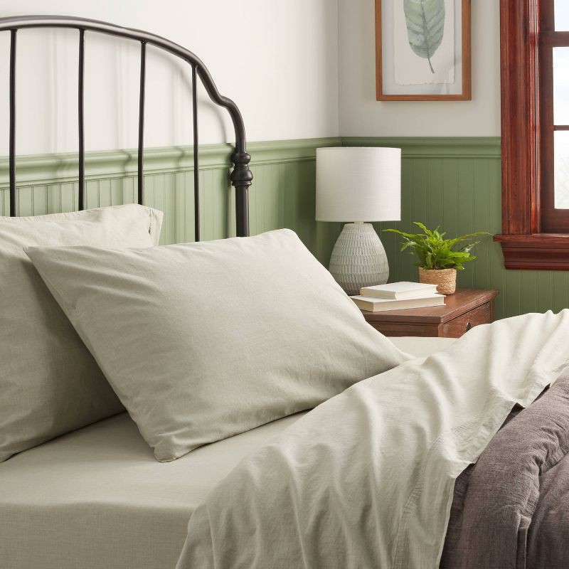 slide 2 of 4, Twin/Twin XL 250 Thread Count Organic Percale Sheet Set Green Chambray - Threshold™: GOTS & OEKO-TEX Certified, Includes 1 Pillowcase, 1 ct