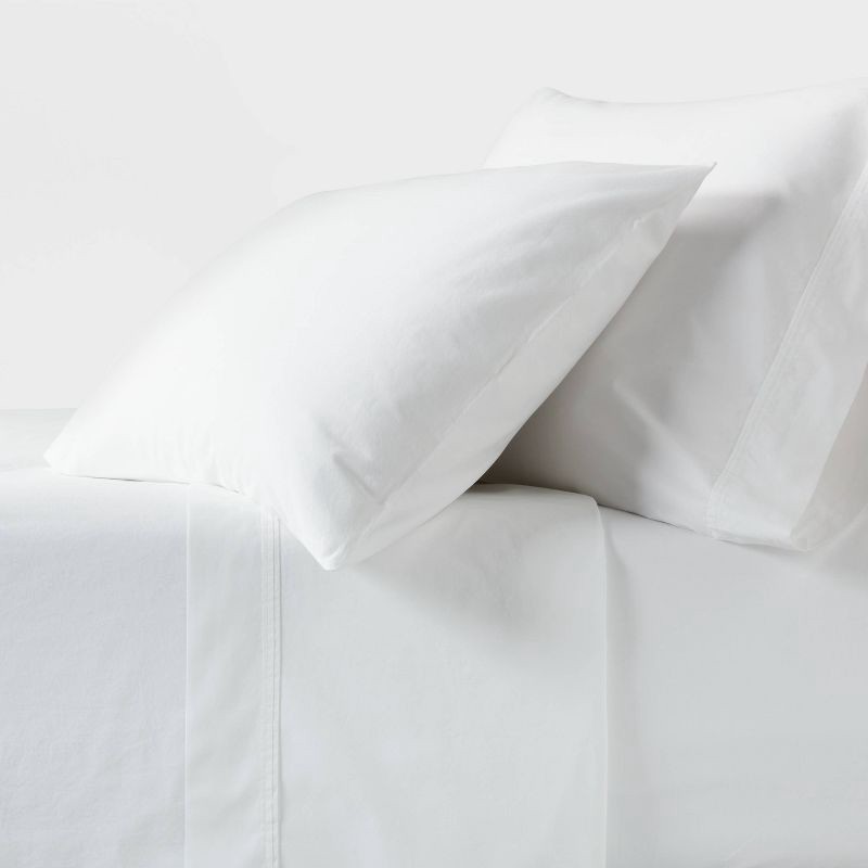 slide 1 of 4, Queen 250 Thread Count Organic Percale Sheet Set True White - Threshold™: GOTS Certified, Includes 4 Pieces, Fits up to 18" Mattress, 4 ct