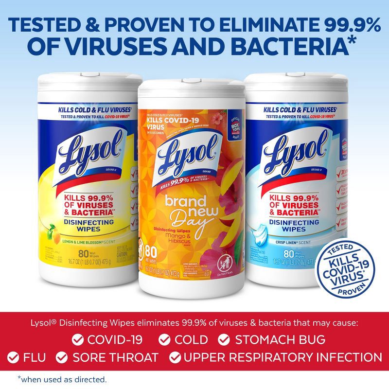 slide 3 of 6, Lysol Disinfecting Wipes - Lemon/Crisp Linen/Mango and Hibiscus - 80ct, 80 ct