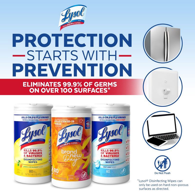 slide 5 of 6, Lysol Disinfecting Wipes - Lemon/Crisp Linen/Mango and Hibiscus - 80ct, 80 ct