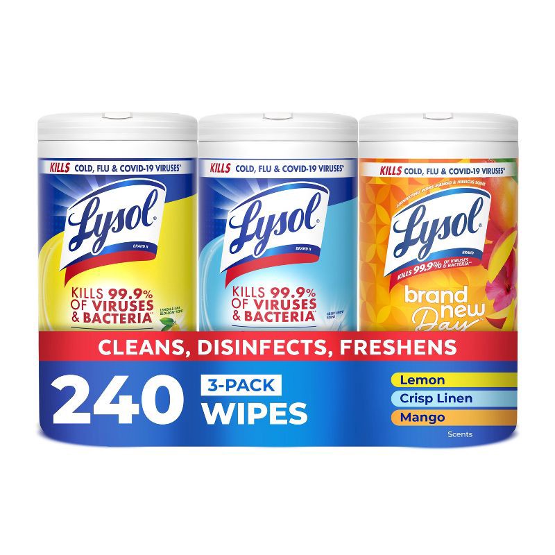 slide 1 of 7, Lysol Disinfecting Wipes - Lemon/Crisp Linen/Mango and Hibiscus - 240ct/3pk, 240 ct, 3 ct