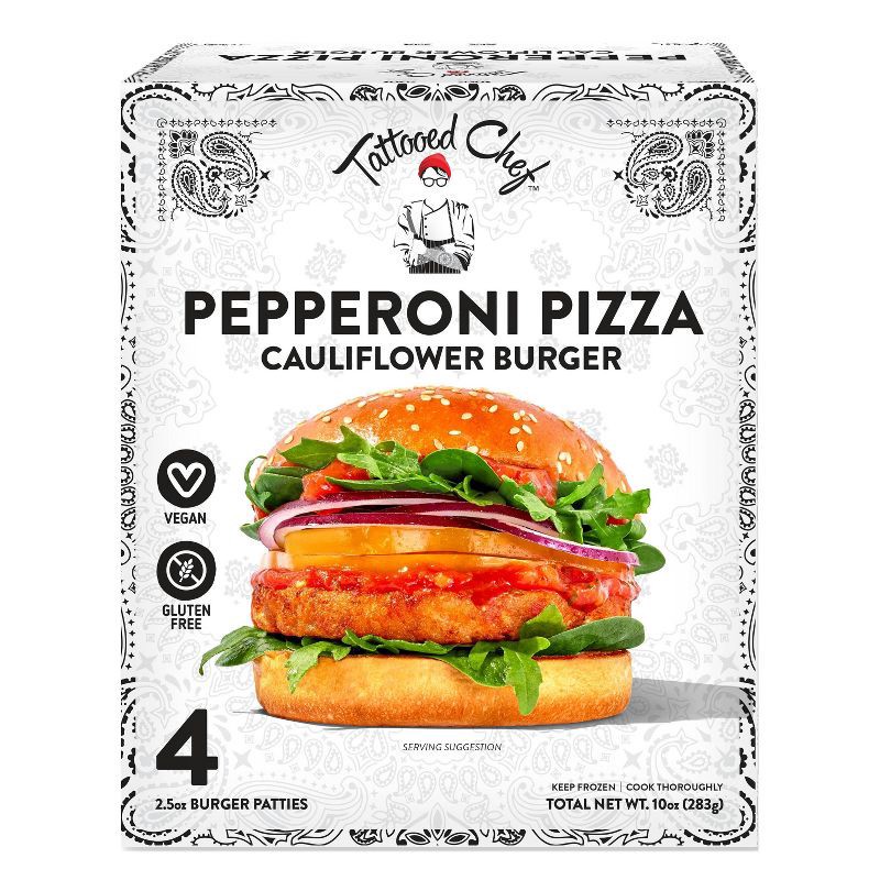 slide 1 of 1, Tattooed Chef Frozen Plant Based Pepperoni Pizza Burger - 4ct/2.5oz, 4 ct; 2.5 oz