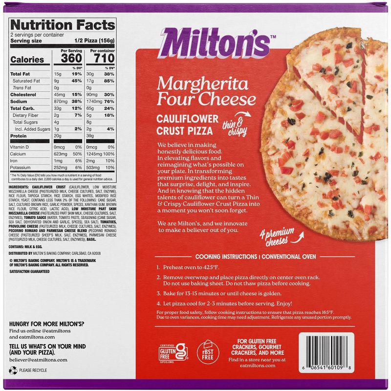 slide 2 of 5, Milton's Craft Bakers Milton's Frozen Margherita Cauliflower Crust Pizza - 11oz, 11 oz