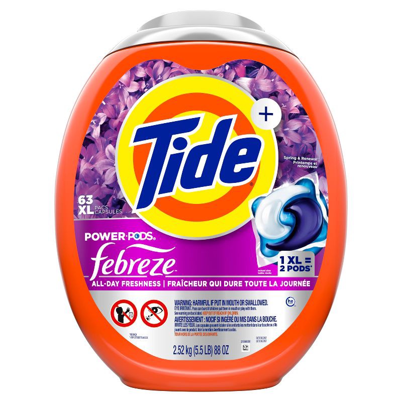 slide 9 of 10, Tide Spring & Renewal Febreze Odor Eliminator HE Deep Cleaning Concentrated Laundry Detergent Power Pods 63 Pacs - 88oz, 88 oz