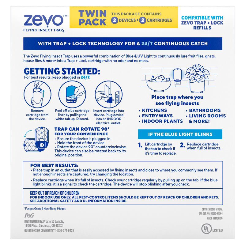 slide 9 of 9, Zevo Flying Insect Indoor Light Fly Trap Starter Kit, Catches House Flies, Fruit Flies, Gnats & More - 2 Traps + 2 Refills, 1 ct