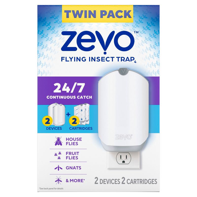 slide 7 of 9, Zevo Flying Insect Indoor Light Fly Trap Starter Kit, Catches House Flies, Fruit Flies, Gnats & More - 2 Traps + 2 Refills, 1 ct