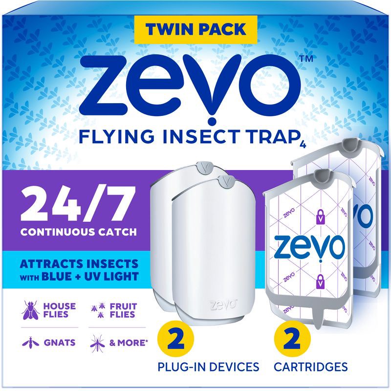slide 1 of 9, Zevo Flying Insect Indoor Light Fly Trap Starter Kit, Catches House Flies, Fruit Flies, Gnats & More - 2 Traps + 2 Refills, 1 ct