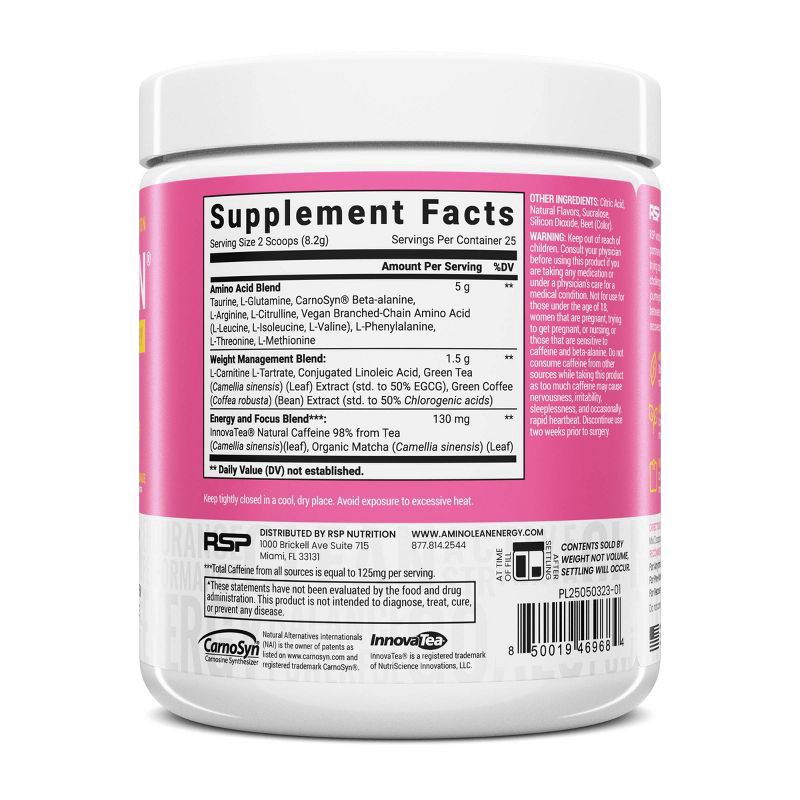 slide 3 of 6, RSP Nutrition AminoLean Pre Workout Powder - Pink Lemonade - 205g, 205 gram