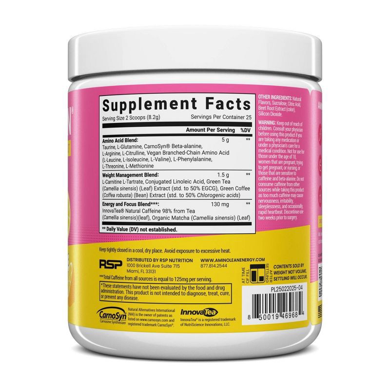 slide 4 of 6, RSP Nutrition AminoLean Pre Workout Powder - Pink Lemonade - 205g, 205 gram