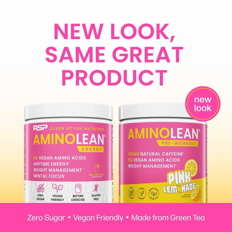 slide 5 of 6, RSP Nutrition AminoLean Pre Workout Powder - Pink Lemonade - 205g, 205 gram