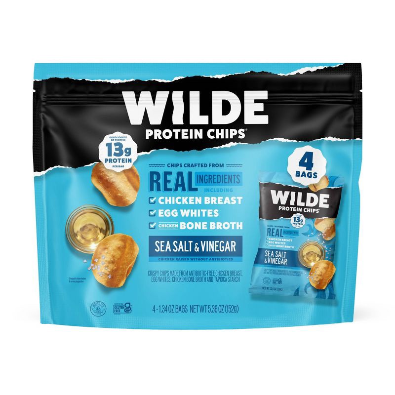 slide 1 of 5, WILDE 13g Protein Chips - Sea Salt & Vinegar - 4ct: 5.36 Oz Net Weight, Ready to Eat, 13 gram, 4 ct, 5.36 oz