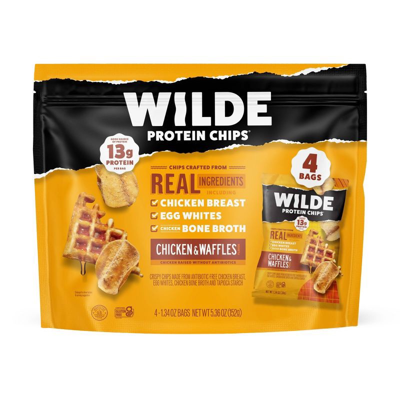 slide 1 of 7, WILDE 13g Protein Chips - Chicken & Waffles - 4ct: Ready to Eat, 5.36oz, Chip Variety Packs, 13 gram, 4 ct, 5.36 oz