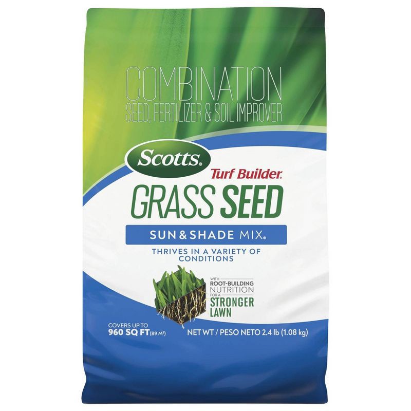 slide 1 of 9, Scotts Turf Builder 2.4lbs Grass Seed Sun and Shade Mix: Lawn Overseeding, Soil Improvement, Quick Germination, 2.4 lb