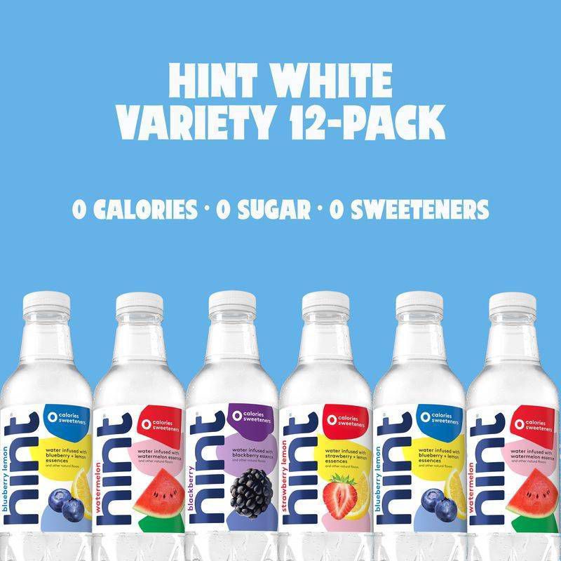slide 5 of 7, hint White Variety Pack Flavored Water (Watermelon, Blackberry, Blueberry Lemon, Strawberry Lemon) - 12pk/16 fl oz Bottles, 12 ct; 16 fl oz