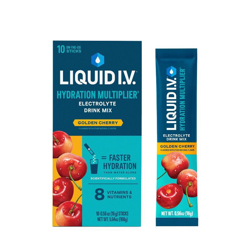 slide 1 of 10, Liquid I.V. Hydration Multiplier Vegan Powder Electrolyte Supplements - Golden Cherry - 0.56oz/10ct, 0.56 oz, 10 ct