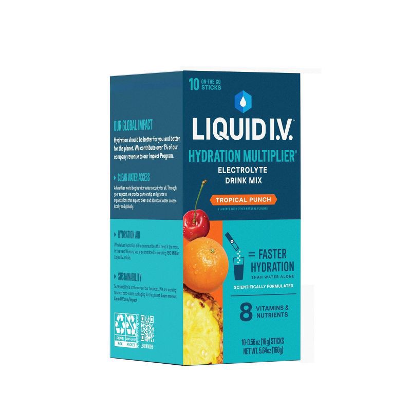 slide 4 of 10, Liquid I.V. Hydration Multiplier Vegan Powder Electrolyte Supplements - Tropical Punch - 0.56oz/10ct, 0.56 oz, 10 ct