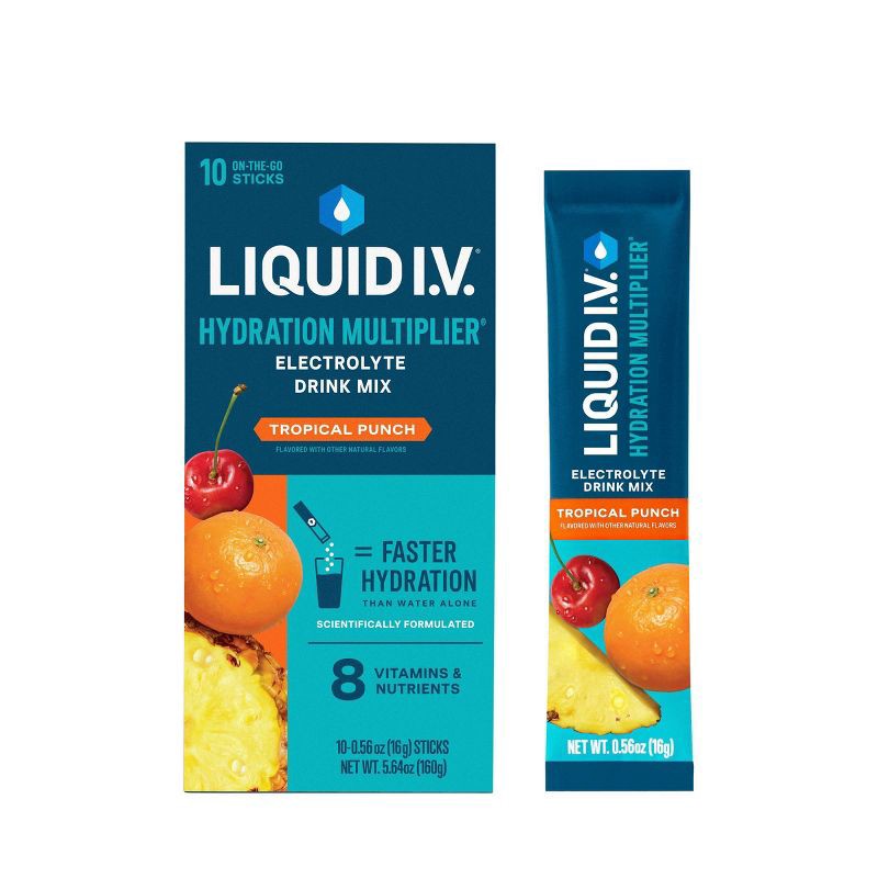 slide 1 of 10, Liquid I.V. Hydration Multiplier Vegan Powder Electrolyte Supplements - Tropical Punch - 0.56oz/10ct, 0.56 oz, 10 ct