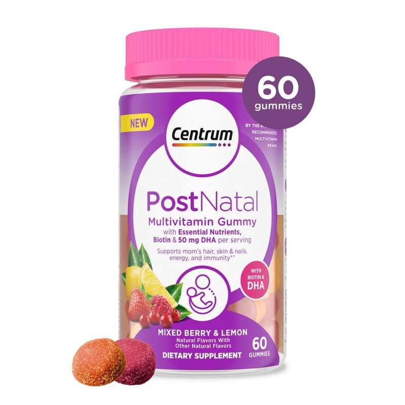 slide 1 of 7, Centrum Biotin and DHA Postnatal Vitamin Gummies - Mixed Berry/Lemon - 60ct, 60 ct