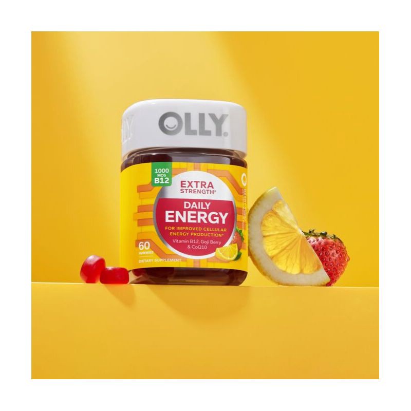 slide 2 of 7, OLLY Extra Strength Daily Energy, 1000 mcg, Vitamin B12 and Caffeine-Free Gummies - Berry Yuzu Flavor - 60ct, 60 ct