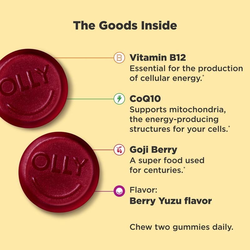 slide 3 of 7, OLLY Extra Strength Daily Energy, 1000 mcg, Vitamin B12 and Caffeine-Free Gummies - Berry Yuzu Flavor - 60ct, 60 ct