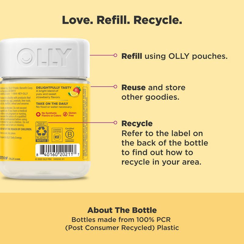 slide 5 of 7, OLLY Extra Strength Daily Energy, 1000 mcg, Vitamin B12 and Caffeine-Free Gummies - Berry Yuzu Flavor - 60ct, 60 ct