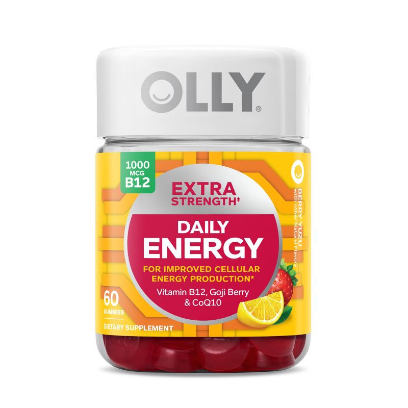 slide 1 of 7, OLLY Extra Strength Daily Energy, 1000 mcg, Vitamin B12 and Caffeine-Free Gummies - Berry Yuzu Flavor - 60ct, 60 ct