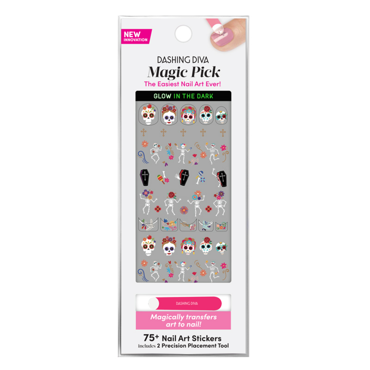slide 1 of 1, Dashing Diva Magic Pick Glow In The Dark Sugar Skulls Nail Art Stickers, 70 ct