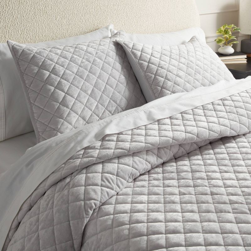 slide 2 of 3, Standard Luxe Diamond Stitch Velvet Quilt Sham Light Gray - Threshold™: OEKO-TEX Certified, Polyester, Machine Washable, 1 ct
