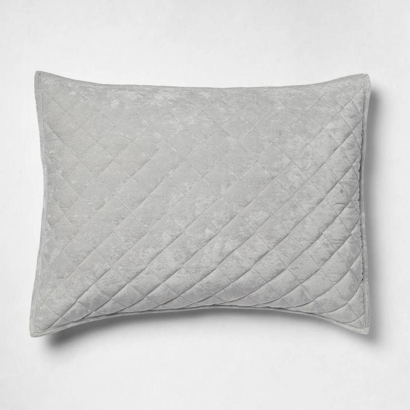 slide 1 of 3, Standard Luxe Diamond Stitch Velvet Quilt Sham Light Gray - Threshold™: OEKO-TEX Certified, Polyester, Machine Washable, 1 ct