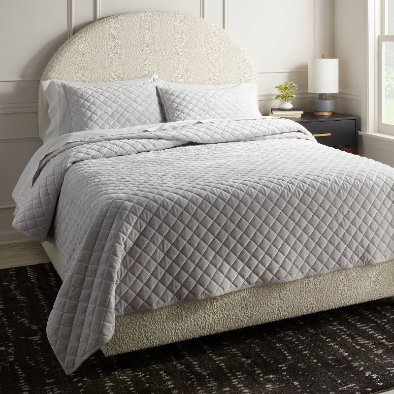 slide 2 of 3, King Luxe Diamond Stitch Velvet Quilt Light Gray - Threshold™: OEKO-TEX Certified, Polyester Fill, Machine Washable, 1 ct