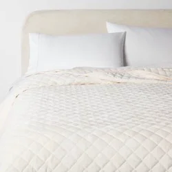 Full/Queen Luxe Diamond Stitch Velvet Quilt Ivory - Threshold™: OEKO-TEX Certified, Machine Washable, Year-Round Comfort
