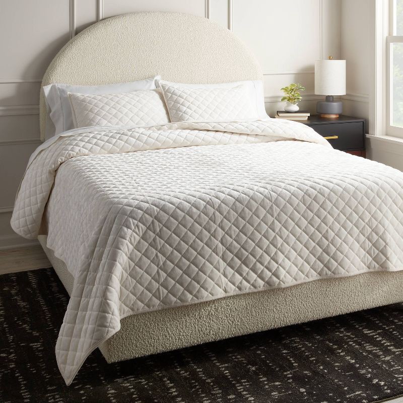 slide 2 of 3, King Luxe Diamond Stitch Velvet Quilt Ivory - Threshold™: OEKO-TEX Certified, Polyester Fill, Machine Washable, 1 ct