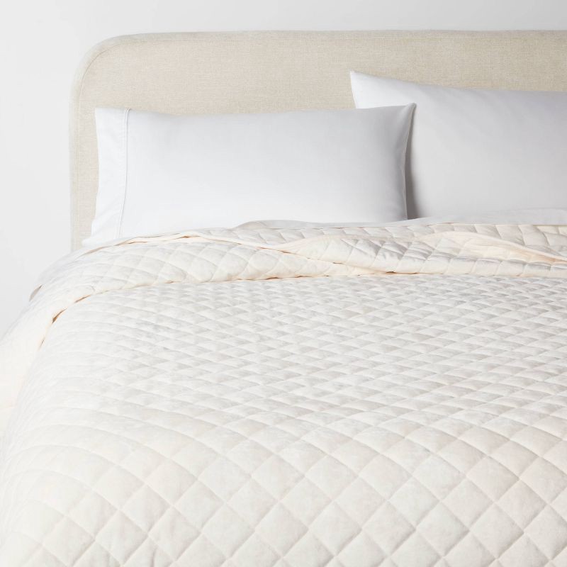 slide 1 of 3, King Luxe Diamond Stitch Velvet Quilt Ivory - Threshold™: OEKO-TEX Certified, Polyester Fill, Machine Washable, 1 ct