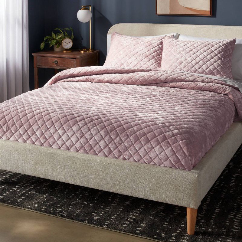 slide 2 of 3, Full/Queen Luxe Diamond Stitch Velvet Quilt Mauve - Threshold™: OEKO-TEX Certified, Polyester Fill, Year-Round Comfort, 1 ct