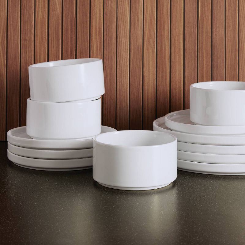 slide 6 of 6, 12pc Stoneware Stella Dinnerware Sets White - Threshold™: Solid Dishware Set, Service for 4, Microwave & Dishwasher Safe, 12 ct
