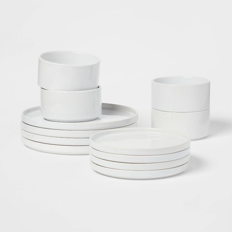 slide 1 of 6, 12pc Stoneware Stella Dinnerware Sets White - Threshold™: Solid Dishware Set, Service for 4, Microwave & Dishwasher Safe, 12 ct