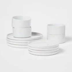 12pc Stoneware Stella Dinnerware Sets White - Threshold™: Solid Dishware Set, Service for 4, Microwave & Dishwasher Safe
