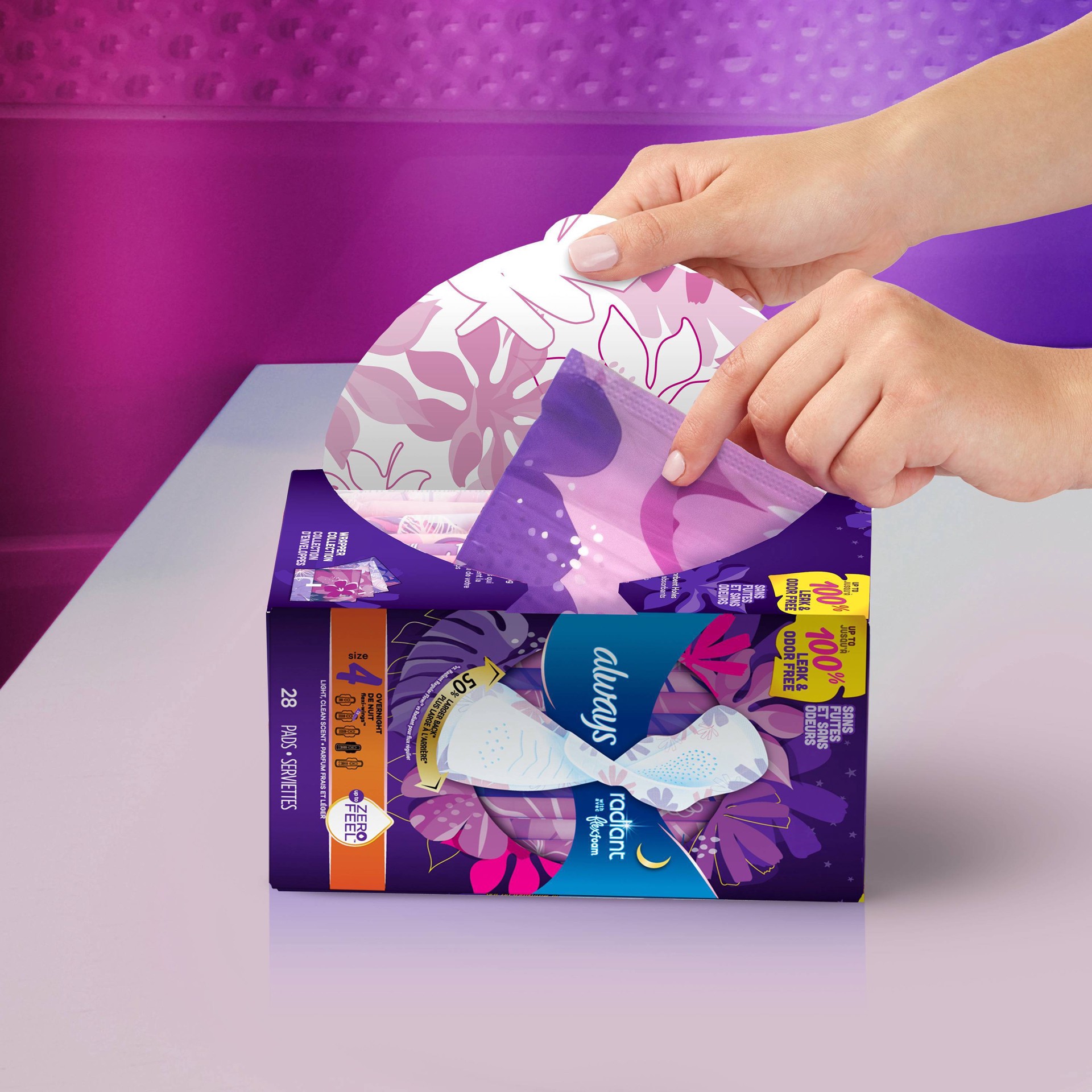 slide 5 of 6, Always Radiant Overnight Sanitary Pads with Wings - Scented - Size 4- 36ct, 36 ct