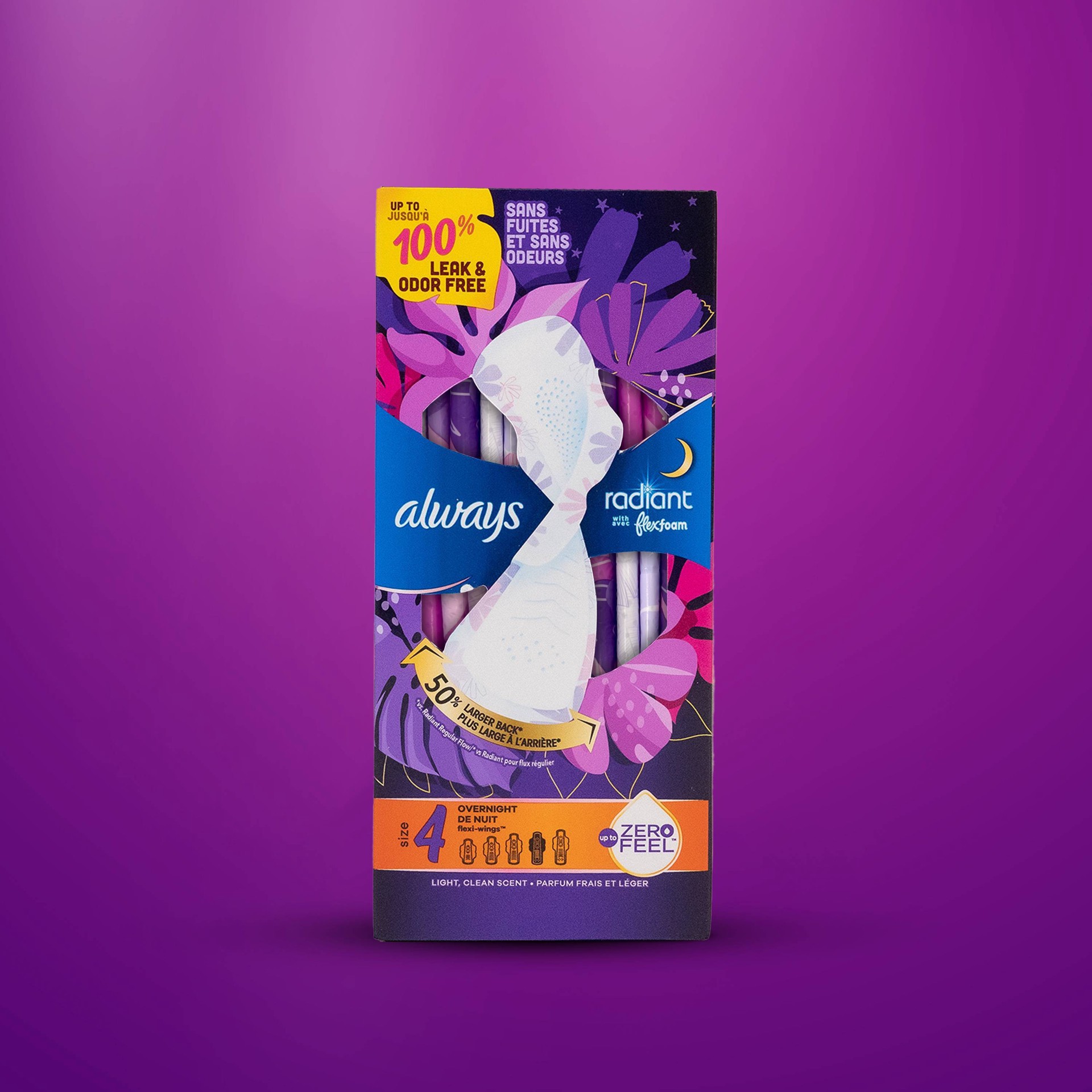 slide 6 of 6, Always Radiant Overnight Sanitary Pads with Wings - Scented - Size 4- 36ct, 36 ct