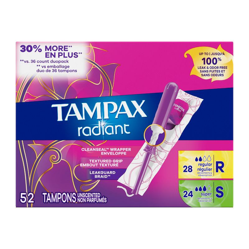 slide 10 of 10, Tampax Radiant Duopack Regular/Super Absorbency Unscented Plastic Tampon - 52ct, 52 ct