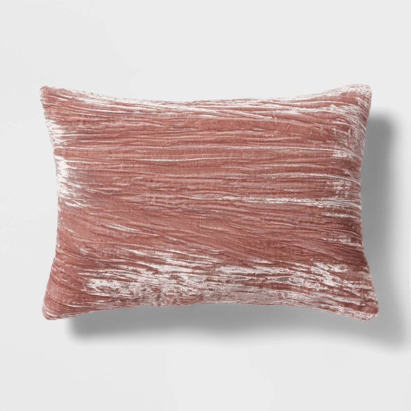 slide 1 of 4, 14"x20" Luxe Velvet Oblong Decorative Pillow Mauve - Threshold™: Indoor Polyester Fiber Filled, Knife Edge Design, 1 ct