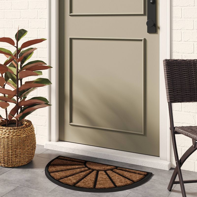 slide 2 of 4, 1'6"x2'6" Half Moon Rubber Coir Doormat Black - Threshold™: Outdoor Front Welcome Mat, Traditional Sun Pattern, 1 ct