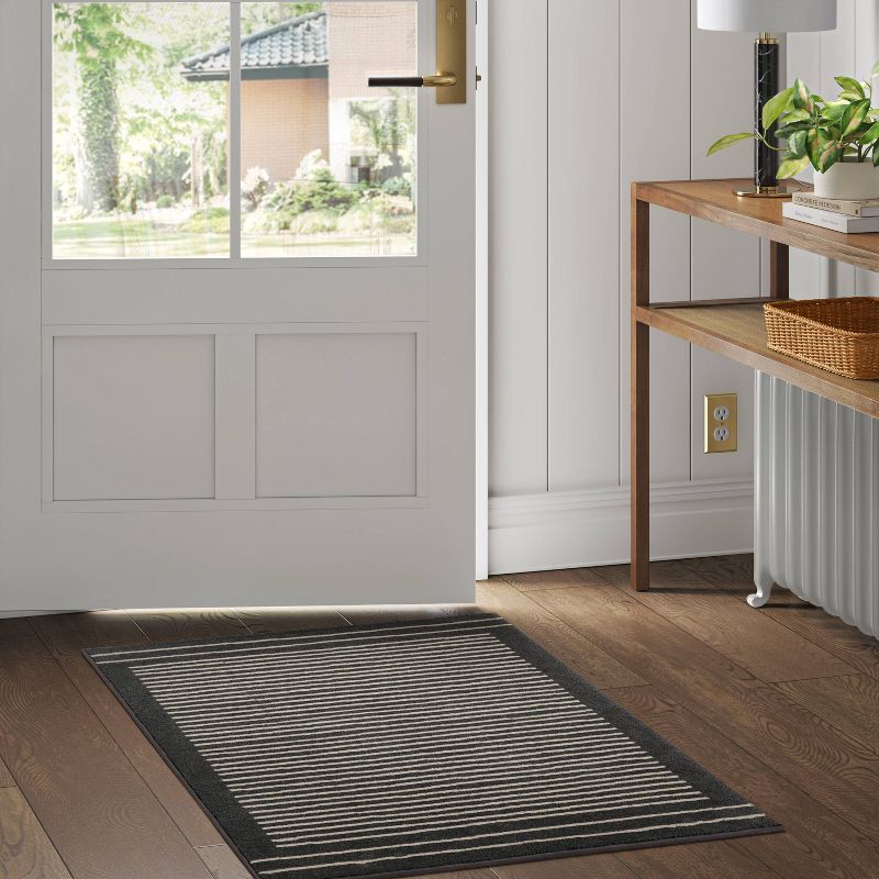 slide 2 of 4, 2'6"x4' Washable Washable Knitted Stripe Accent Rug Gray - Threshold™: Indoor Low Pile Modern Rectangle Rug, 1 ct