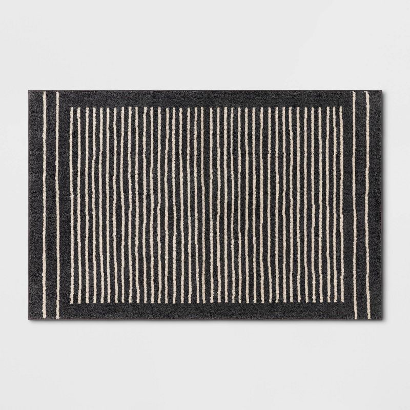 slide 1 of 4, 2'6"x4' Washable Washable Knitted Stripe Accent Rug Gray - Threshold™: Indoor Low Pile Modern Rectangle Rug, 1 ct