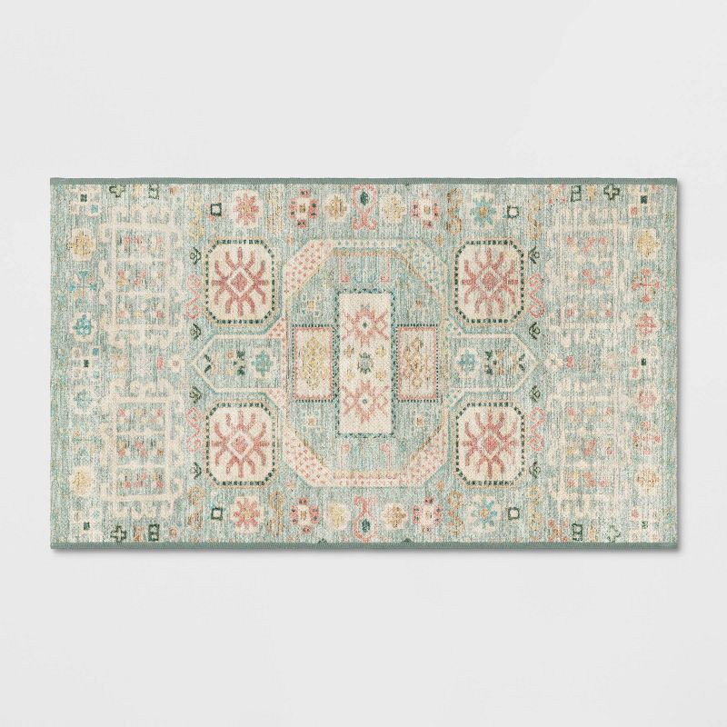 slide 1 of 4, 2'3"x3'9" Washable Persian Style Accent Rug Green - Threshold™: Indoor Throw Rug, Machine Washable, Flat Pile, 1 ct