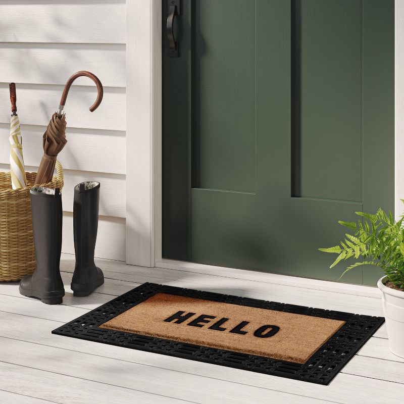 slide 2 of 4, 1'11"x2'11" 'Hello' Rubber Coir Doormat Natural/Black - Threshold™: Outdoor Welcome Mat, Front Door Decor, 1 ct